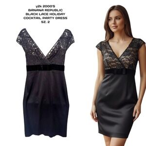 Y2K‎ 2000'S BLACK LACE VELVET BOW BANANA REPUBLIC COCKTAIL PARTY DRESS SZ. 2